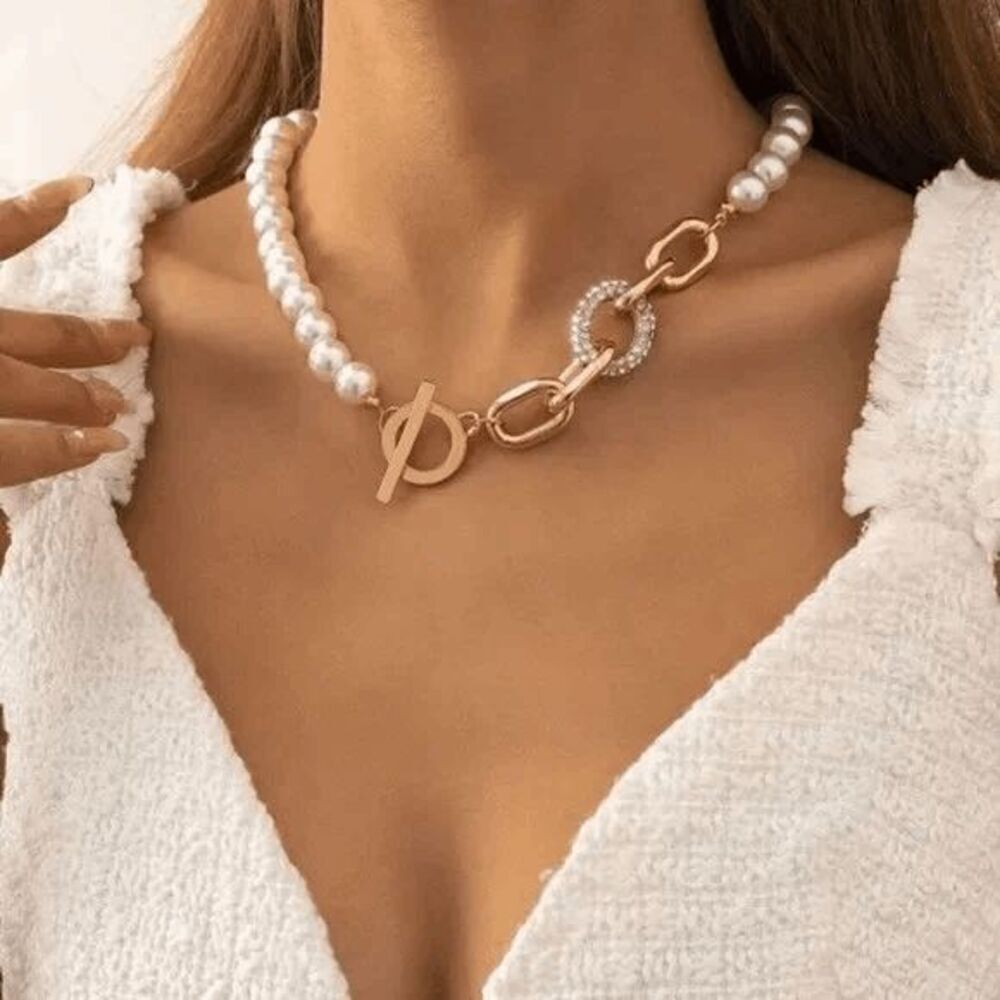 GOLD DIAMOND PEARL LINK TOGGLE CLASP CHOKER NECKLACE